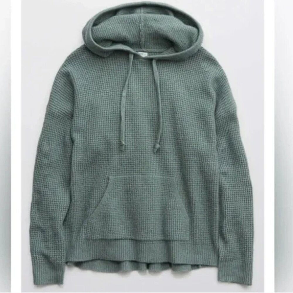Aerie Waffle Knit Hoodie Sweater Overcast Green Oversized (XS) NWOT! - Picture 10 of 12